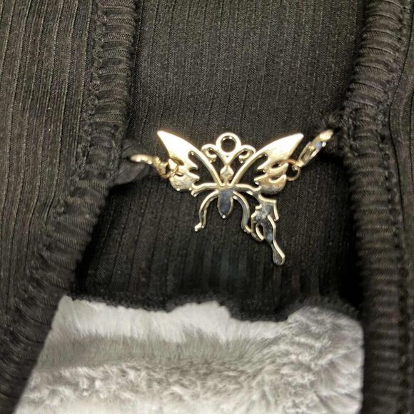 Y2K Crop Top Womens Large Black Long Sleeve Ribbed E-Girl Grunge Butterfly Clasp - Picture 6 of 8